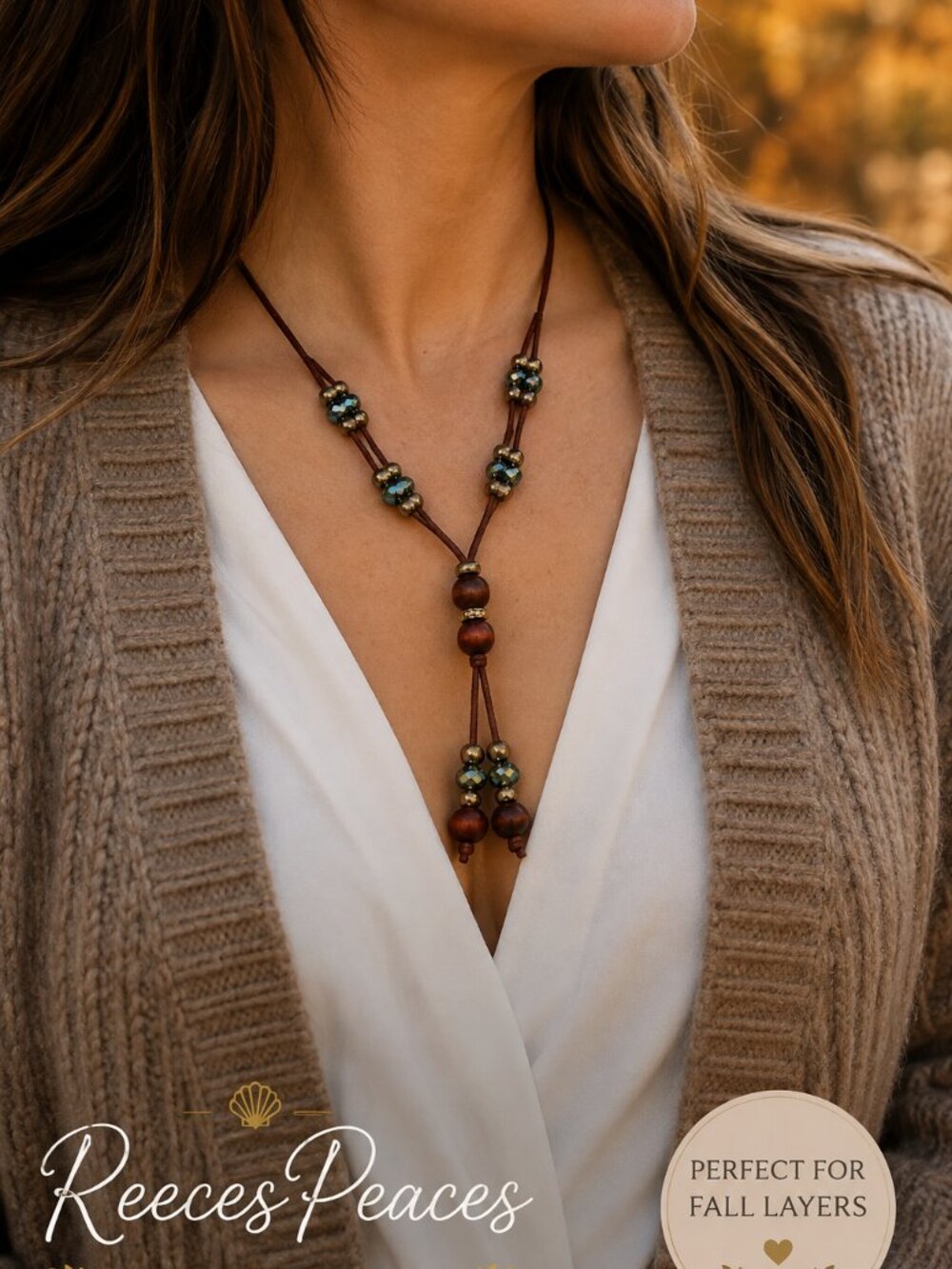 Artisan Adjustable Lariat Necklace Wood Bead & Faceted Crystal